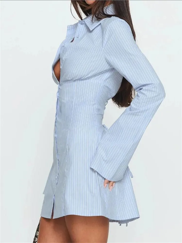 Summer Women's Y2K Shirt Dress Slimming Waist Maikling Skirt Mini Dress High Waistline Flirty Style Full Sleeve Regular Collar