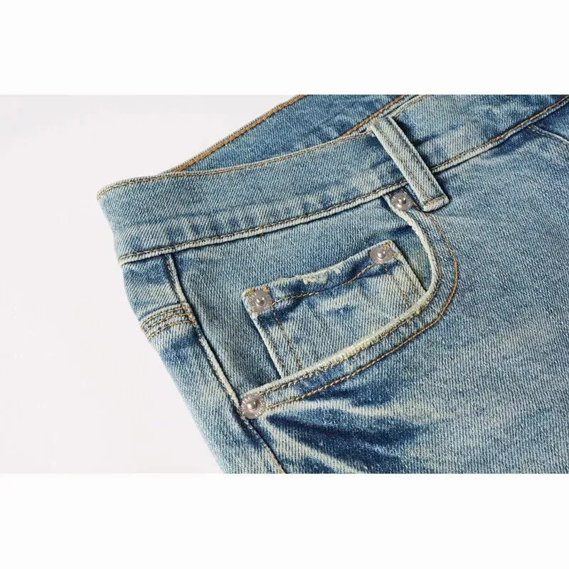 Men's Large Knee Ripped Slim Tapered Jeans Vintage Light Blue Wash Heavily Frayed Button Fly High Street Style