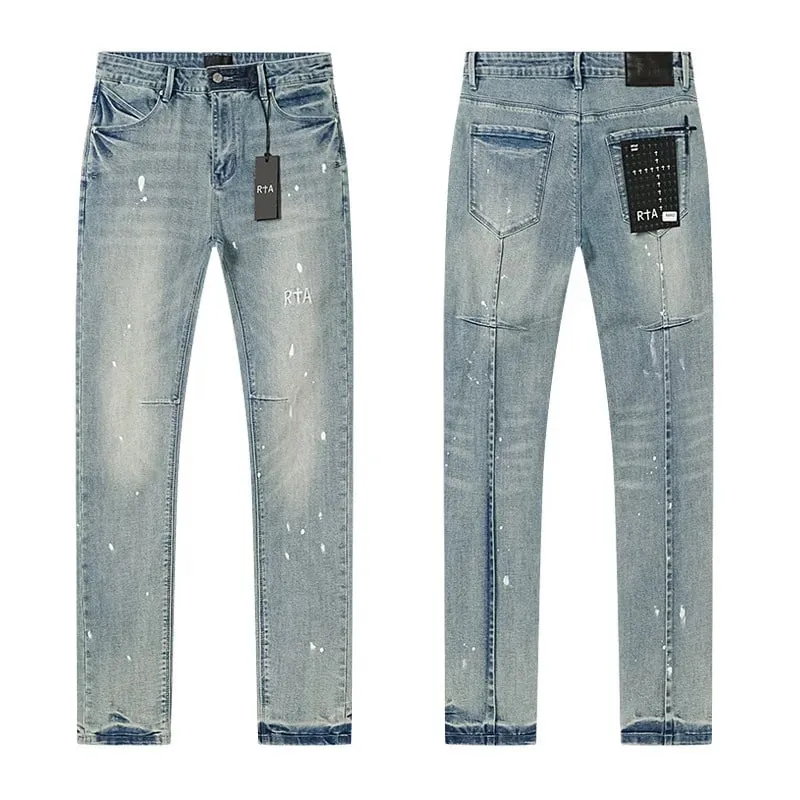 New RTA Destroyed Scratch Hole Light Blue Distressed Jeans Men's High Street Elastic Slim Fit Jeans 2026 Brand Pants Streetwear