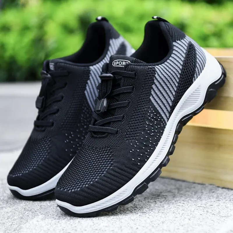 Men Breathable Mesh Knit Trainers Elastic Quick Lace Non Slip Thick Sole Outdoor Walking Sports Sneakers