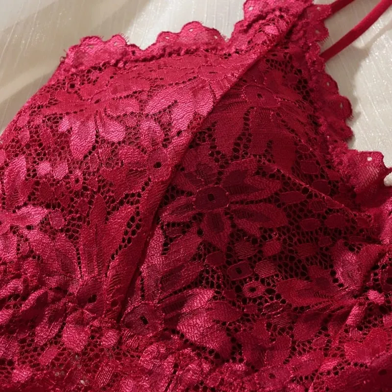 Women's Lace Bra & Panty Set – Sexy Back Hollow Out Wireless & Breathable Floral Underwear No Steel Ring Comfort