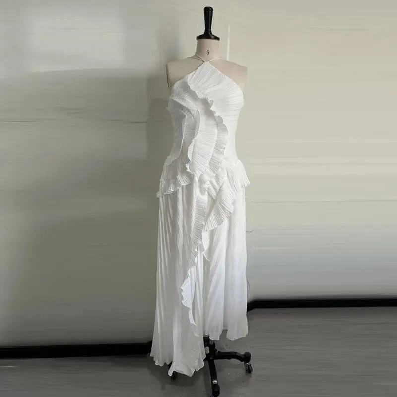 優雅頸帶荷葉邊晚禮服純色褶皺繫帶露背性感派對禮服 2025 新款派對度假 Y2K 長袍 — image 6