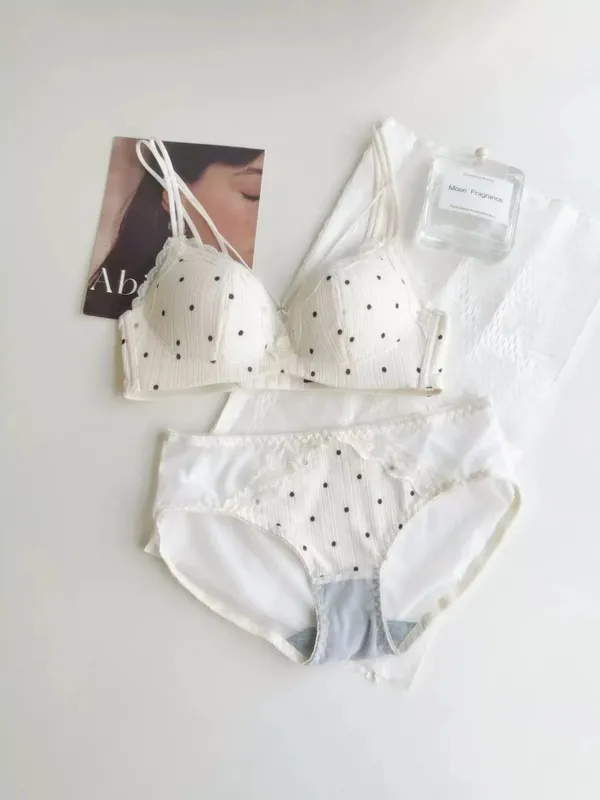 Elegant Japanese Polka Dot Bra & Brief Set Push Up Plunge Small Bust Lift Support Anti Sag Side Coverage Adjustable Comfort