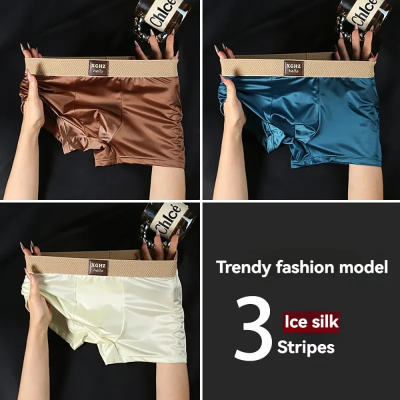 3st/förpackning Lyxig issilke satinliknande herrtrosor Supermjuk boxer Homme Cool Andas Bekväma mansunderkläder kalsonger