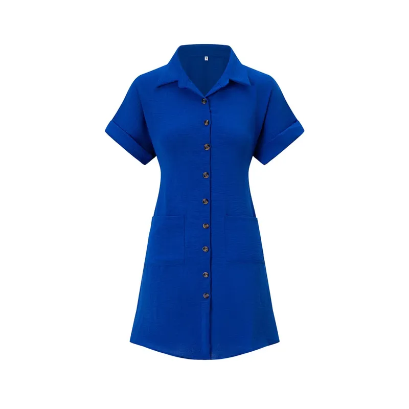 2026 European and American Cross Border Leisure Solid Color Cotton Hemp Buckle Long Short Sleeve Loose Shirt Dress Women's Wear