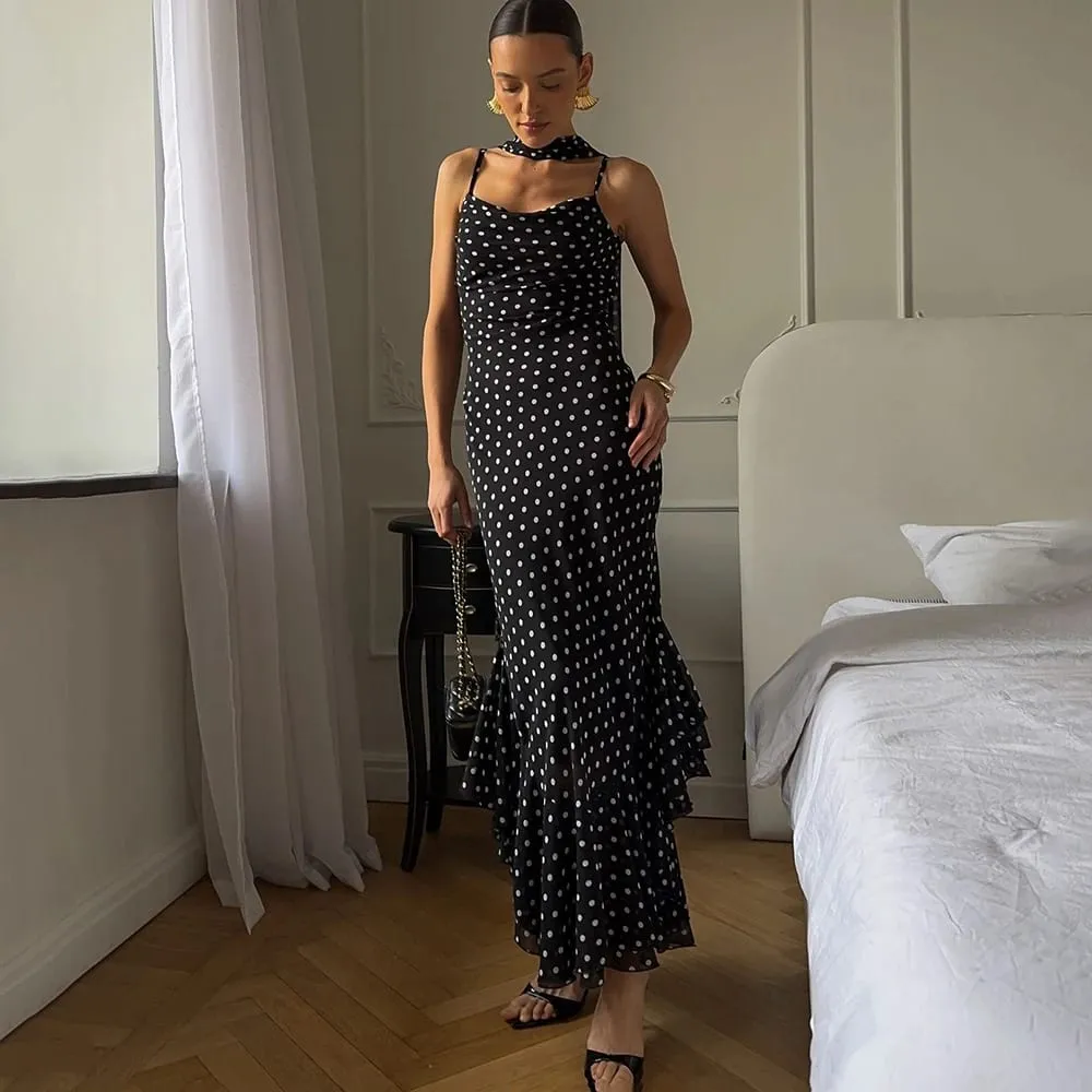 Tuularose Elegantes, gepunktetes langes Kleid für den Sommer, Schal, Band, Rüschen, Neckholder, Faltenkleid, luxuriös, ärmellos, Damen-Abendkleider
