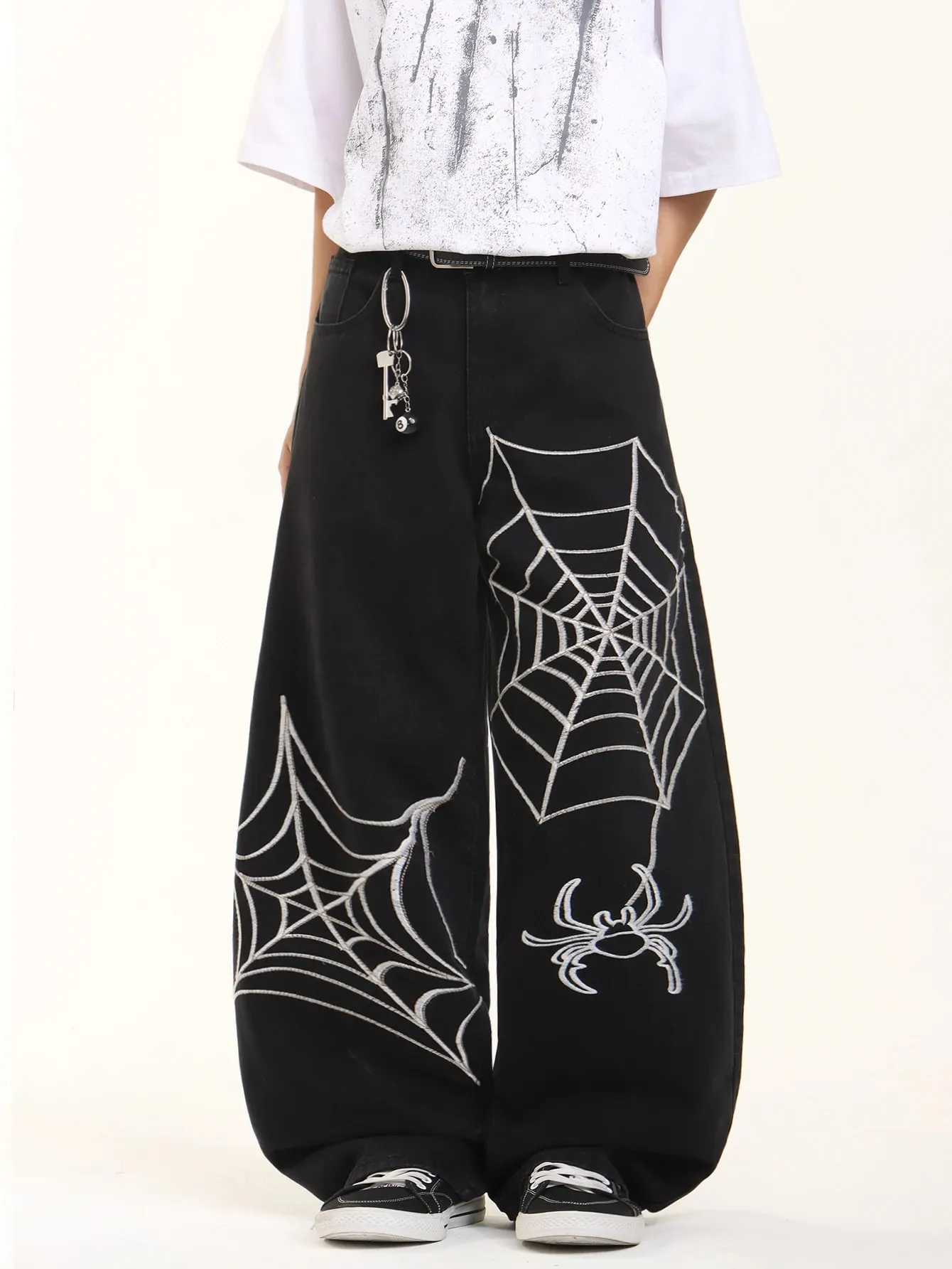 Men's Versatile Jeans Men's Baggy Wide Pants American High Street Style Spider Web Embroidered Men's Trousers All Seasons
