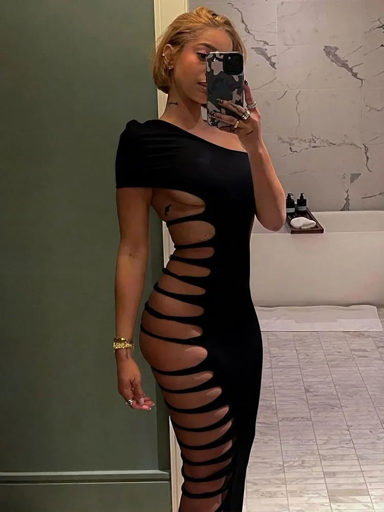 Weird Puss Sexy Skew Collar Dress Women Coquette Hollow Summer Trend Stretch Midnight Party Clubwear Irregular Hipster Vestidos