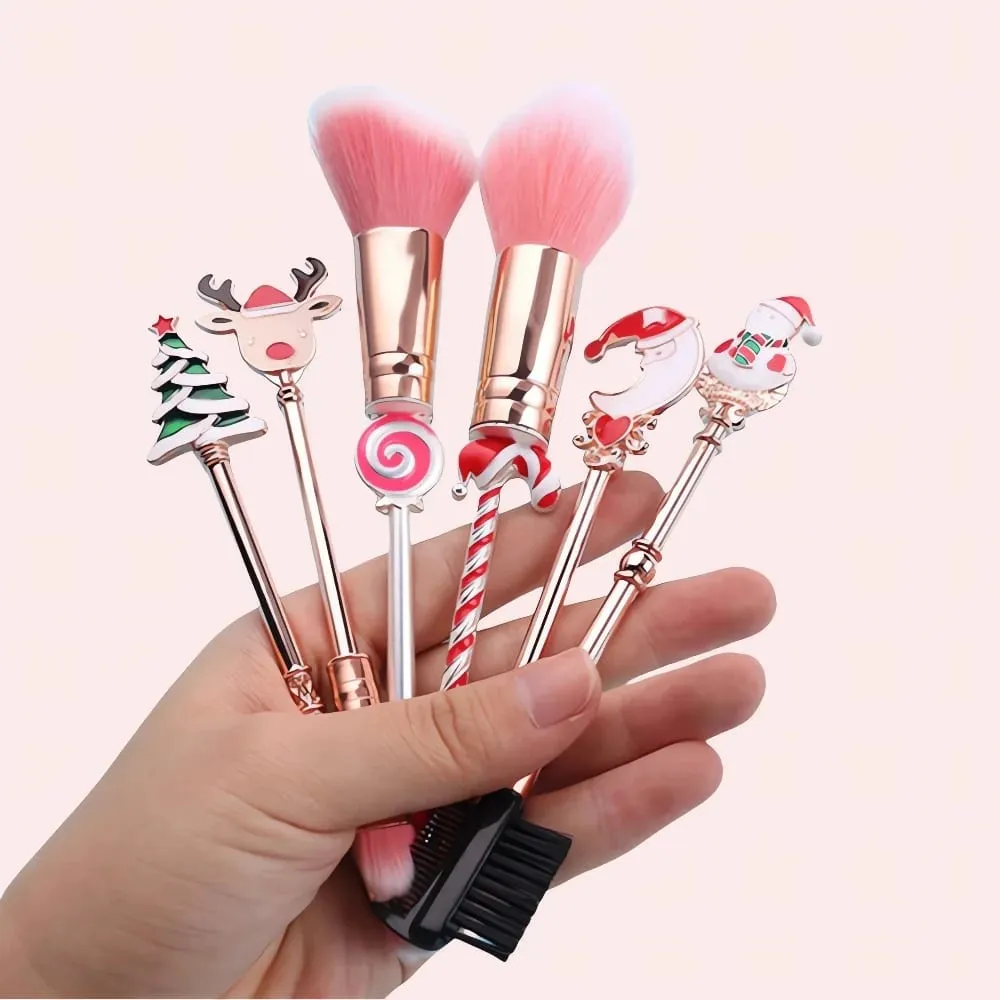 5/6-Piece Christmas Makeup Brush Set - Holiday Gift | Cute Santa Reindeer Christmas Tree Candy Cartoon Brushes