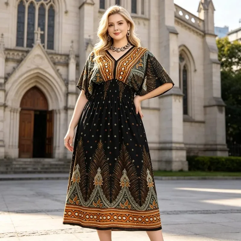 Boho Holiday Women V-Neck Batswing Short Sleeve A-Line Midi Dresses Slim Elastic Waist Casual Vintage Office Lady Elegance Dress
