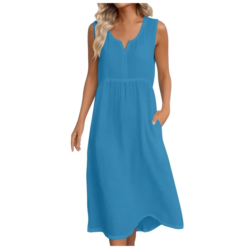 Womens Cotton Linen Midi Dresses Sleeveless Loose Comfy Beach Dress With Pockets Solid Color Casual Holiday Party Sundress