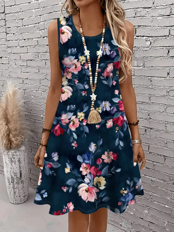 2026 New Elegant Black Floral Dress Women Sleeveless Slim Fit Sundress Stylish Flower Print Office Lady Casual daily Dresses