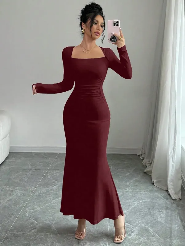 Women's Four Seasons New Style Women's Elegant Temperament Retro Solid Color Square Collar Long Sleeve Dress