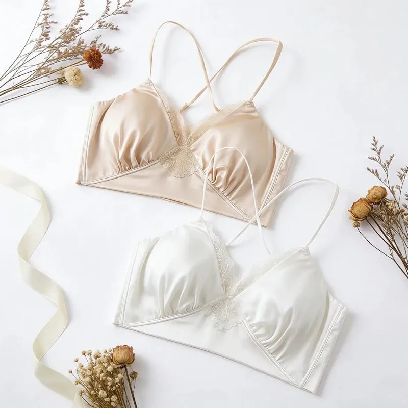 19MM Natural Mulberry Silk Satin Thin Bra Adjustable Cross Straps Beautiful Back Without Steel Ring Female Sexy Underwear Set
