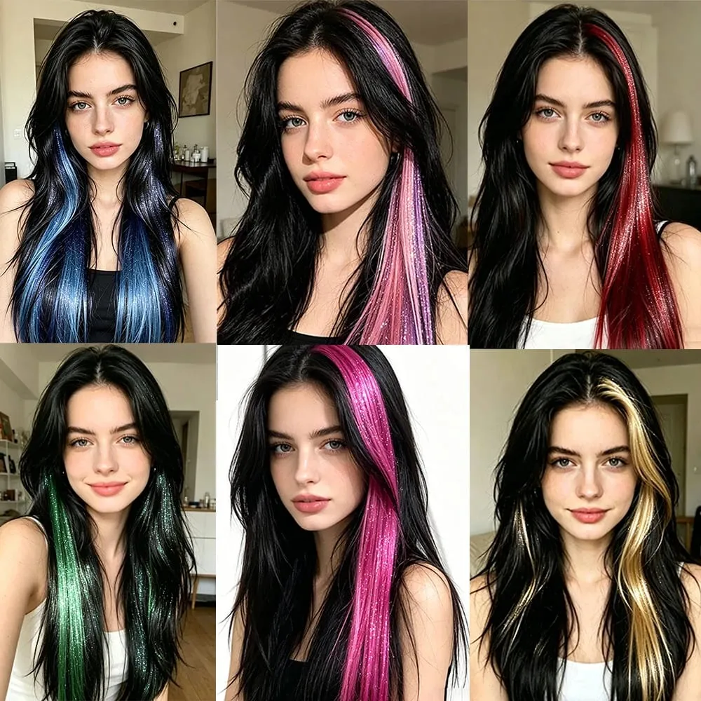 Multi-color Laser Wire Hair Extensions Shiny Tinsel Clip-in Hair Pieces Glitter Colored Hair Strands for Daily & Party Hairstyle
