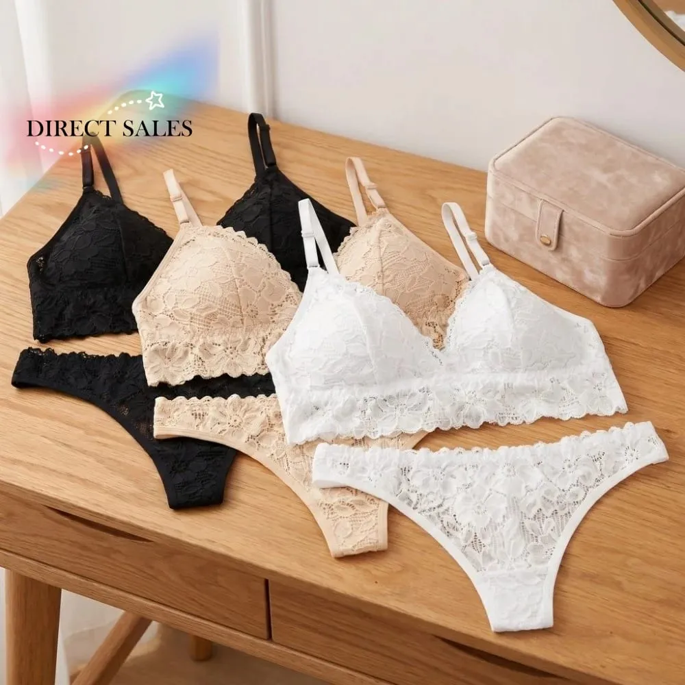 Fashion V Neck Lace Flower Bra Set Solid Color Low Waist Floral Panties Bra Kit T-Back Lingerie Lace Underwear Romantic Night