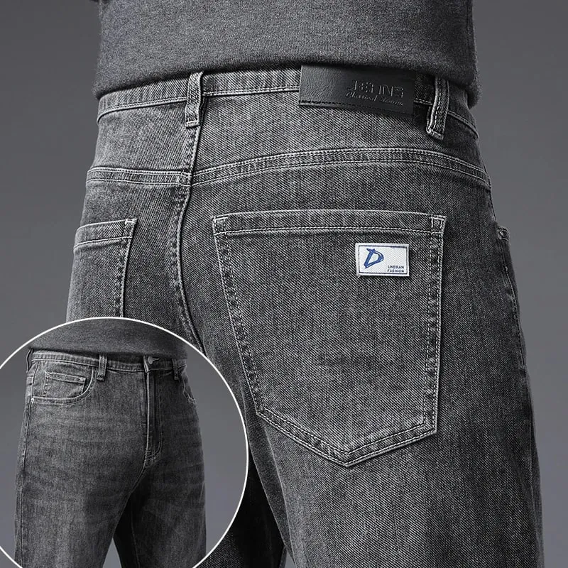 Men's Soft Stretch Straight Jeans Business Casual Slim Fit Wash Denim Pants Korean Fashion Blue Gray Male Brand Trousers