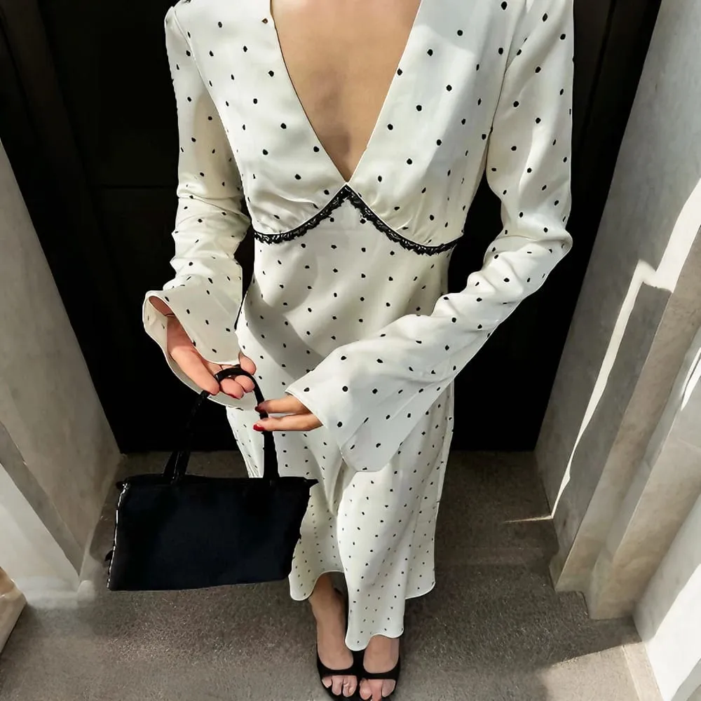 Talenza Women Polka Dot Dress Fashion Satin Print Contrast V-Neck High-Waisted New Dress Summer Elegant Female Party Dress 2026