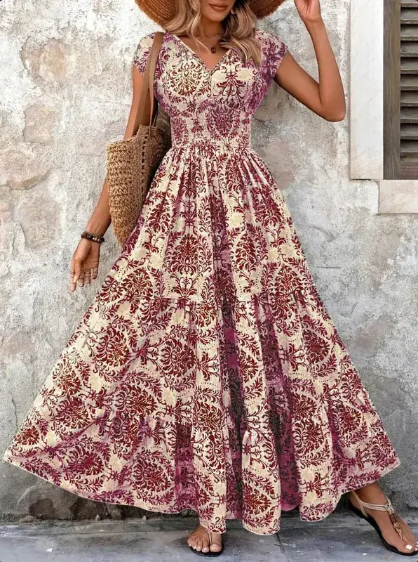 2026 Đầm In Hình Vintage Thời Trang Và Thanh Lịch Cổ Chữ V Tay Ngắn Jumpsuit Váy Dài Nữ
