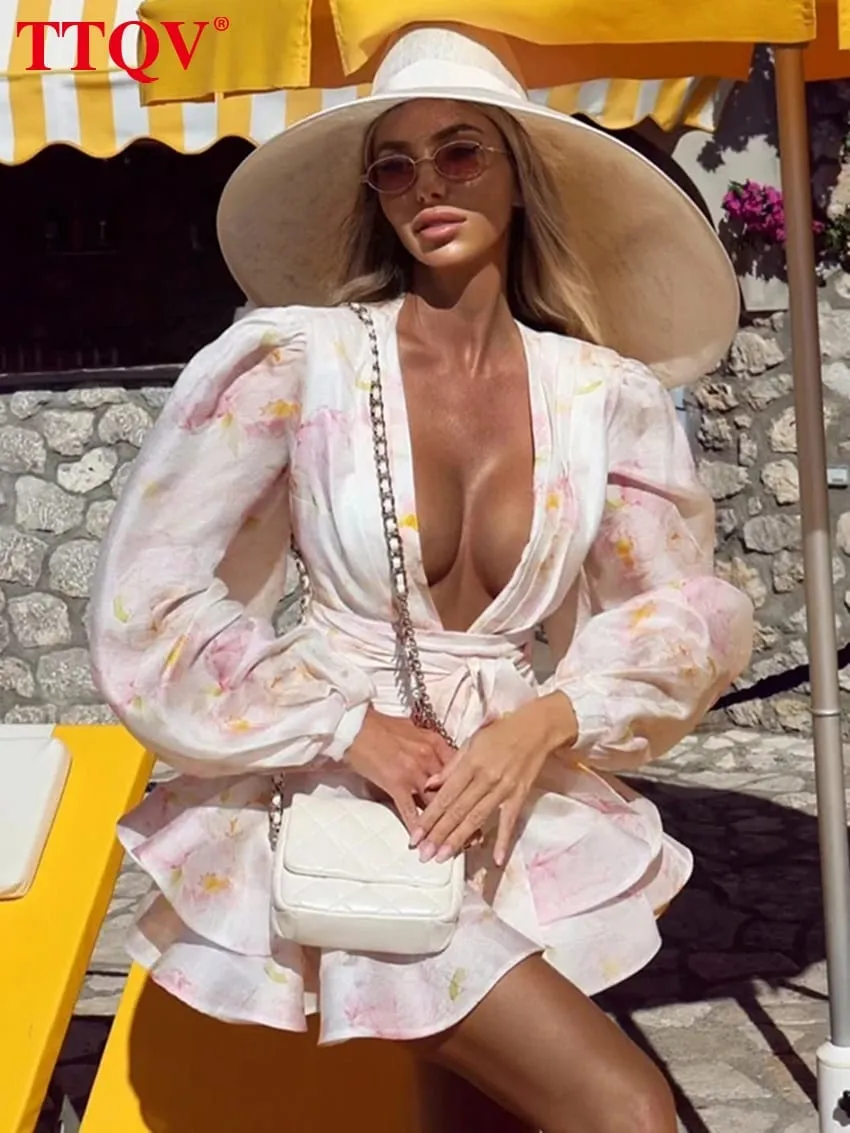 Sexy Slim Print Women Dress 2026 Fashion V-Neck Long Sleeve Mini Dresses Elegant Classic High Waist Female Dress Streetwear