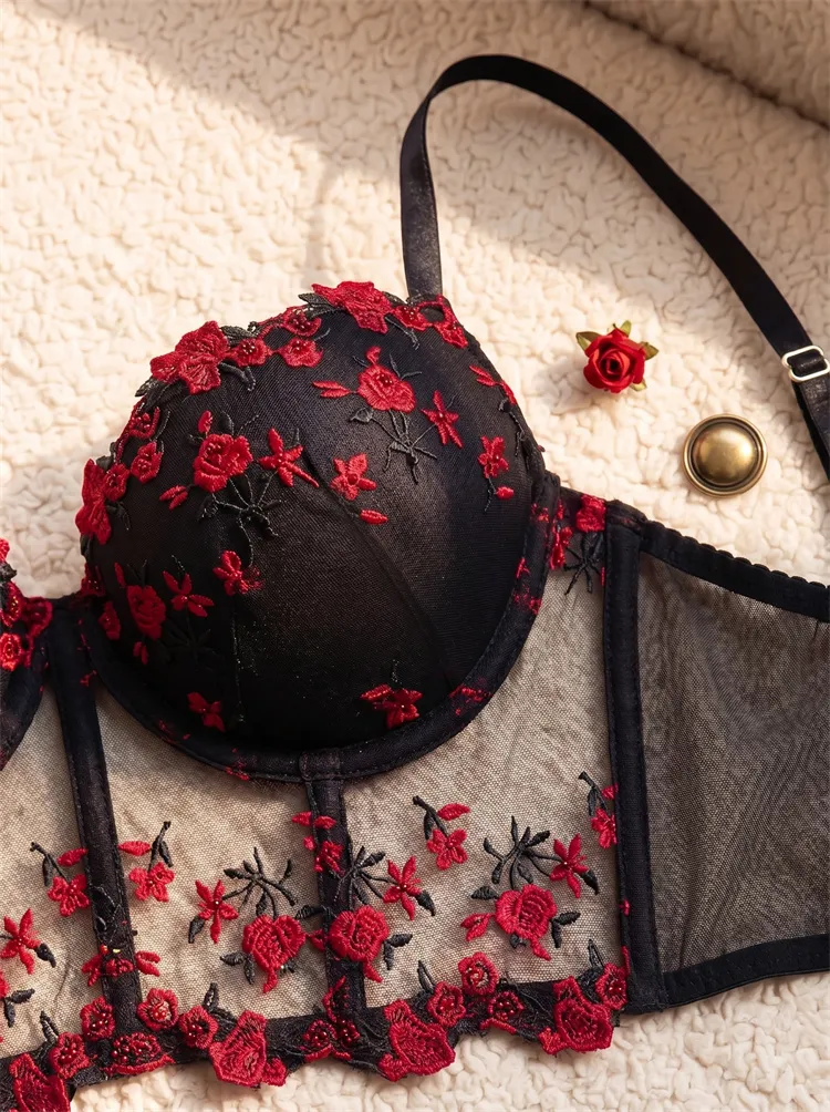 Women's Fishbone Bra Set Romantic Floral Embroidery Mesh Intimate Underwear Padded Push Up Brassiere&Thong 2 Pieces Lingerie Set