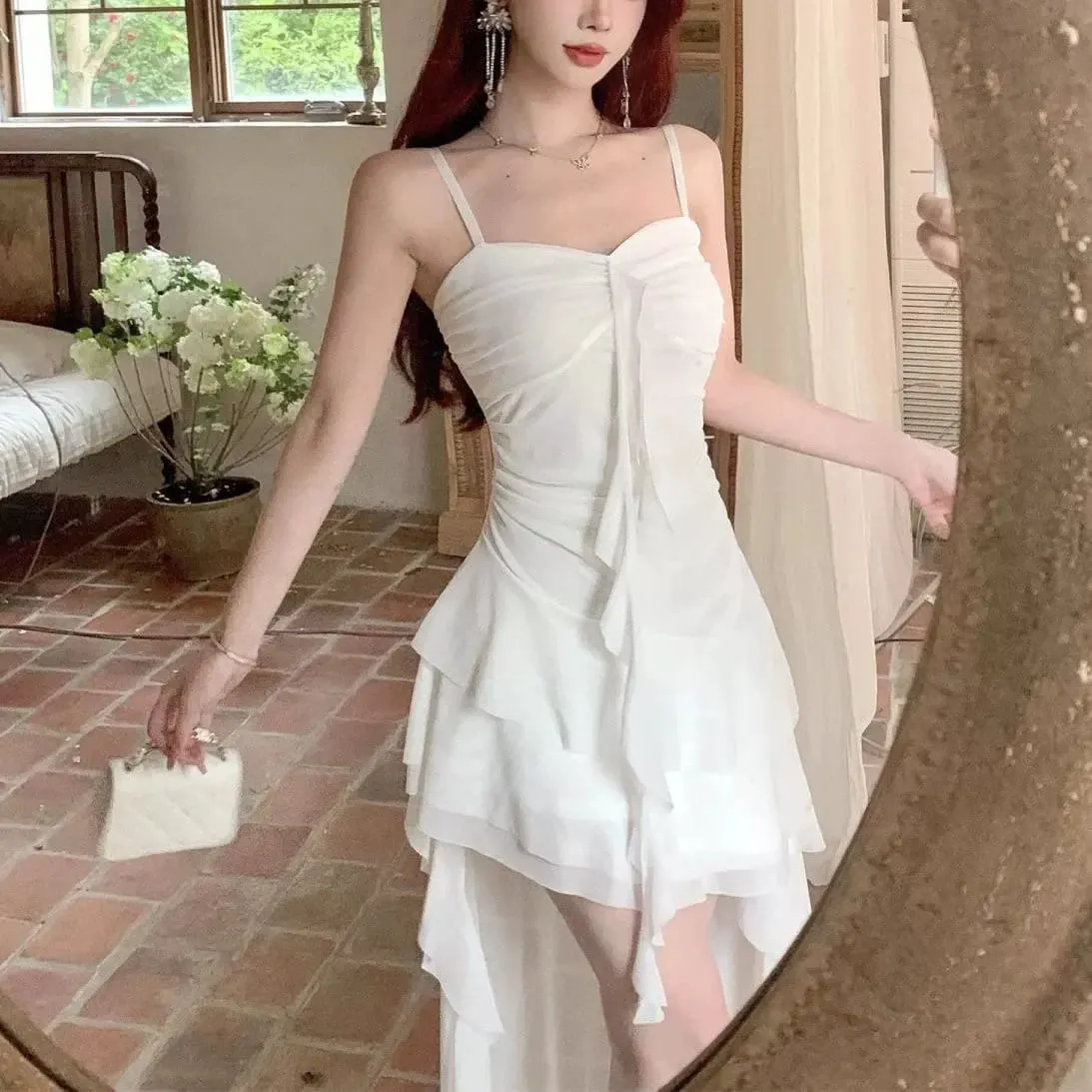 Fashion Sexy Spaghetti Strap Ruffle Irregular Bodycon Party Club Evening Dress Women Mesh Suspender Spring Summer Holiday Beach