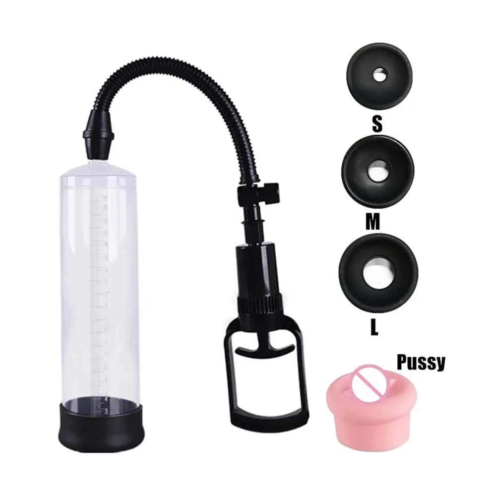 Penis Pump Vacuum Enlargement Trainer 3 Sleeves Silicone Male Enhancement Stamina Exercise Reusable Adult Sex Toy With Gauge