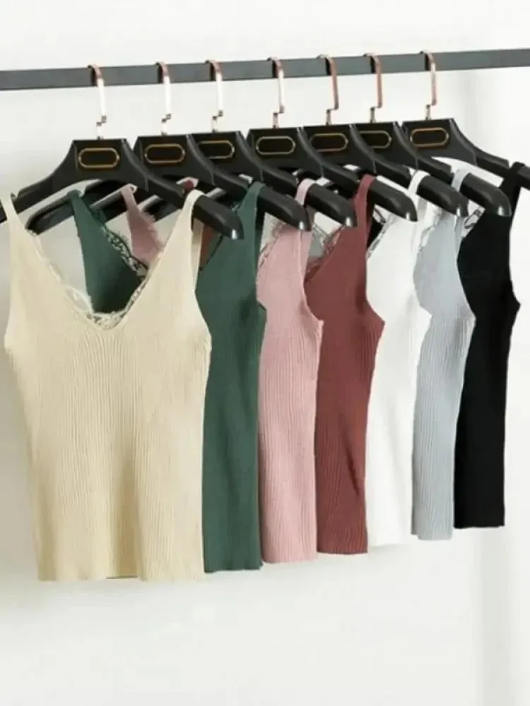 2026 Summer Casual Tops Solid Stitching V-neck Camis Women Hook Flower Lace Tank Female Knitted Short Slim Sleeveless Shirt