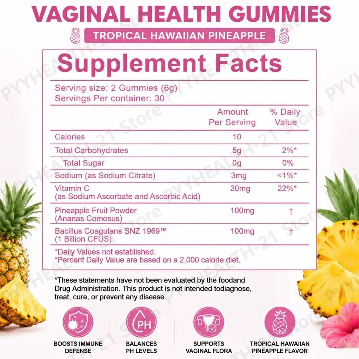 HalmanLabs Vaginal Health Gummies Probiotic Vitamin C Balance PH Levels Support Flora Immune Defense 60 Count Pineapple Women