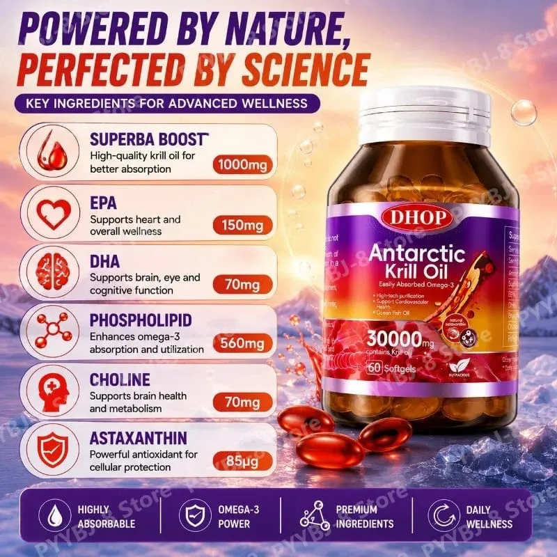 Antarctic Krill Oil Softgels 60 Capsules — 150mg EPA + 70mg DHA and Astaxanthin Support Antioxidant & Cardiovascular Health