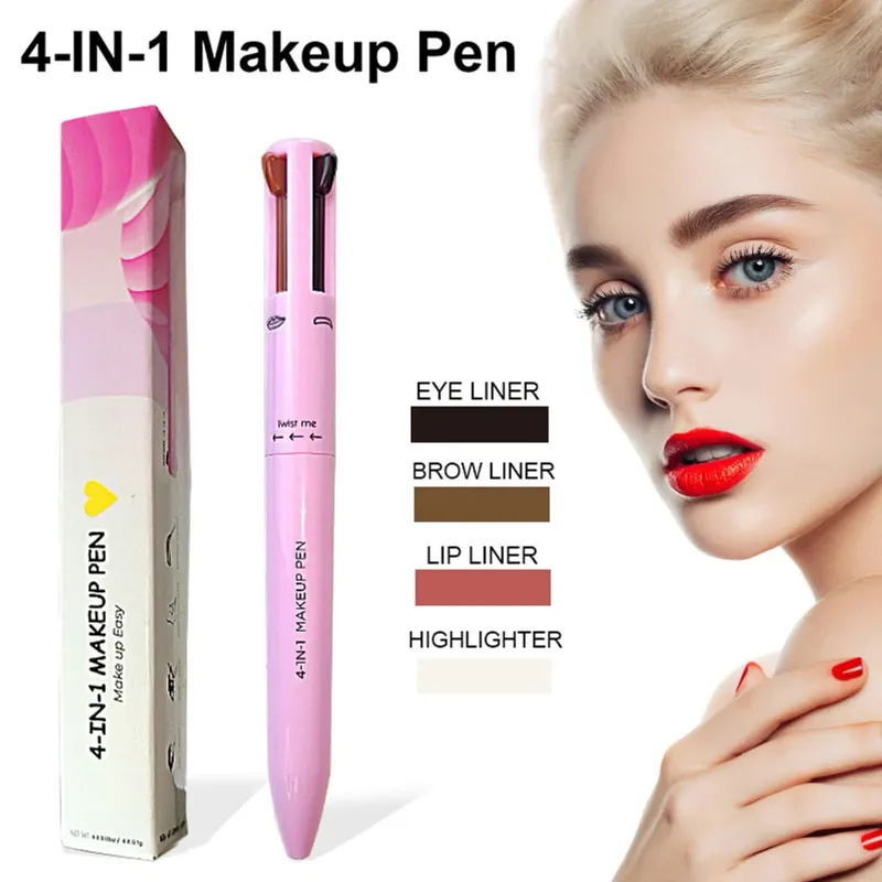 Lápiz de maquillaje 4 en 1, lápiz de cejas de larga duración, delineador de labios de Color fácil, resaltador, lápiz delineador de ojos de gusano de seda, herramienta de maquillaje impermeable