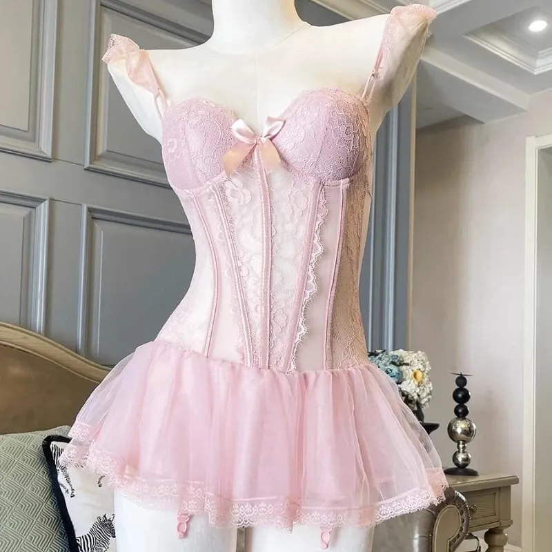 Frauen Leibchen Sheer Mesh Fishbone Schlank Crop Top Verdrahtete Bh Camis Festival Dessous Sexy Spitze Blumen Stickerei Bogen Korsett
