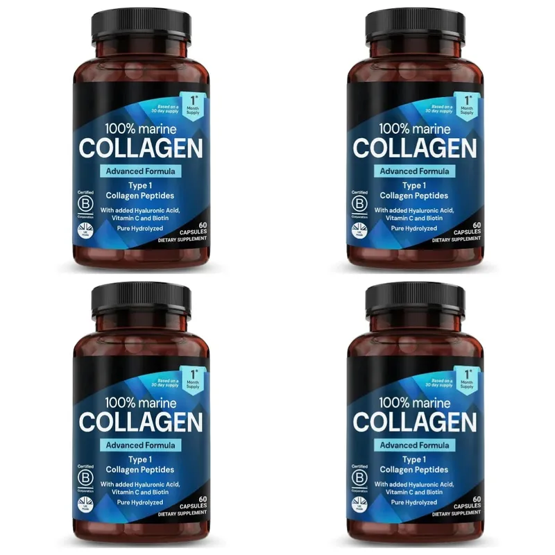 Marine Collagen Capsules for Women & Men Type I Peptides with Hyaluronic Acid Vitamin C & Biotin Beauty Glow Nails 60 Count