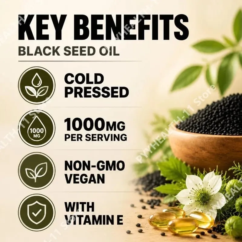 Black Seed Oil 120 Softgel Capsules with Pure Black Cumin Seed Oil 1000mg and Vitamin E - 500mg Each Skin Health Cold-Pressed