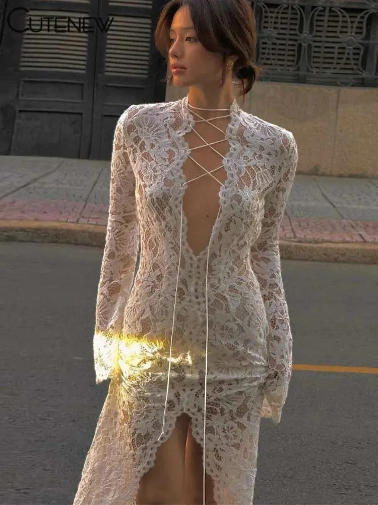 Cutenew Lace Sheer Women Maxi Dress Sexy Solid Fashion Long Sleeve O-neck Bandage Sheath Vestidos Female Stunning Nightout Robe