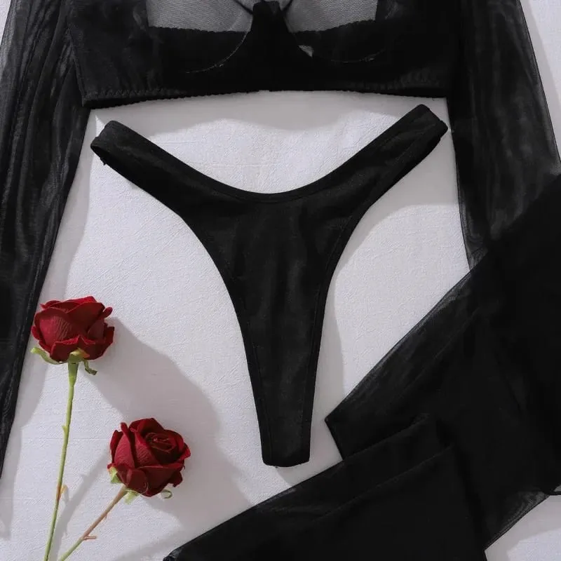 3PC Set Women's Sexy Ultra Hot Lingerie panties sets Seductive See Through Long Sleeve Top Brief with Stockings Intimate