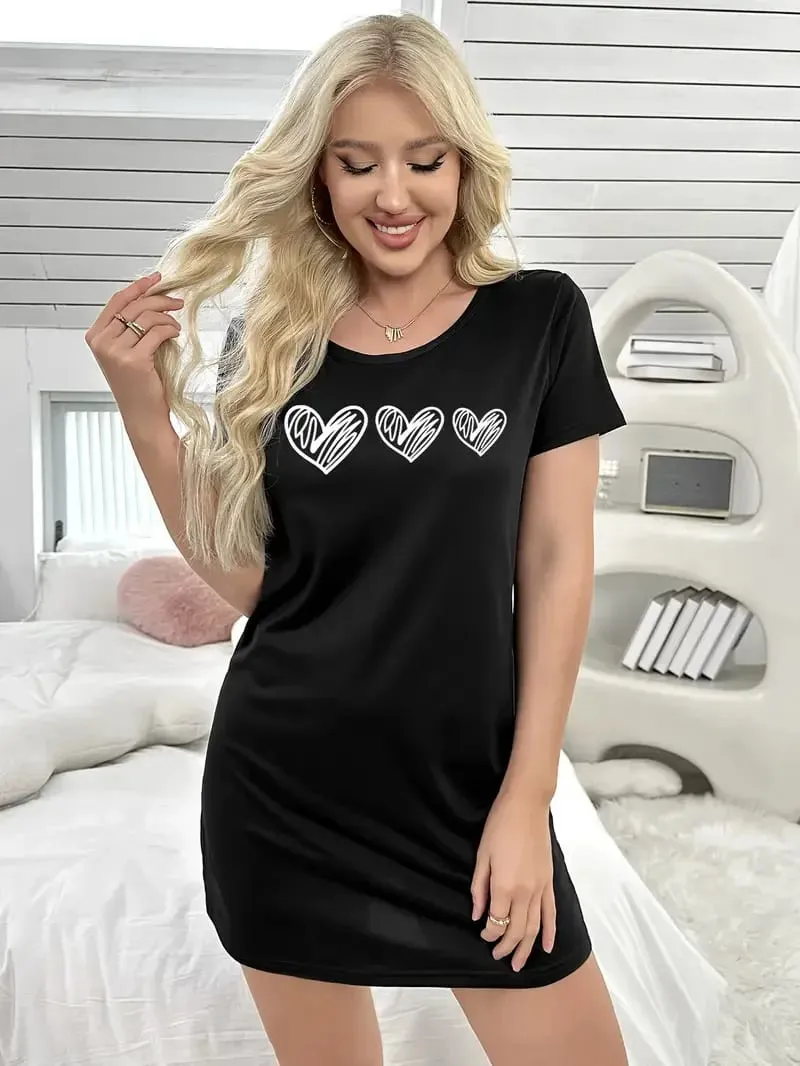 Women's Heart-Print Casual Dress Short-Sleeved Round-Neck T-Shirt Dress Comfortable Loungewear