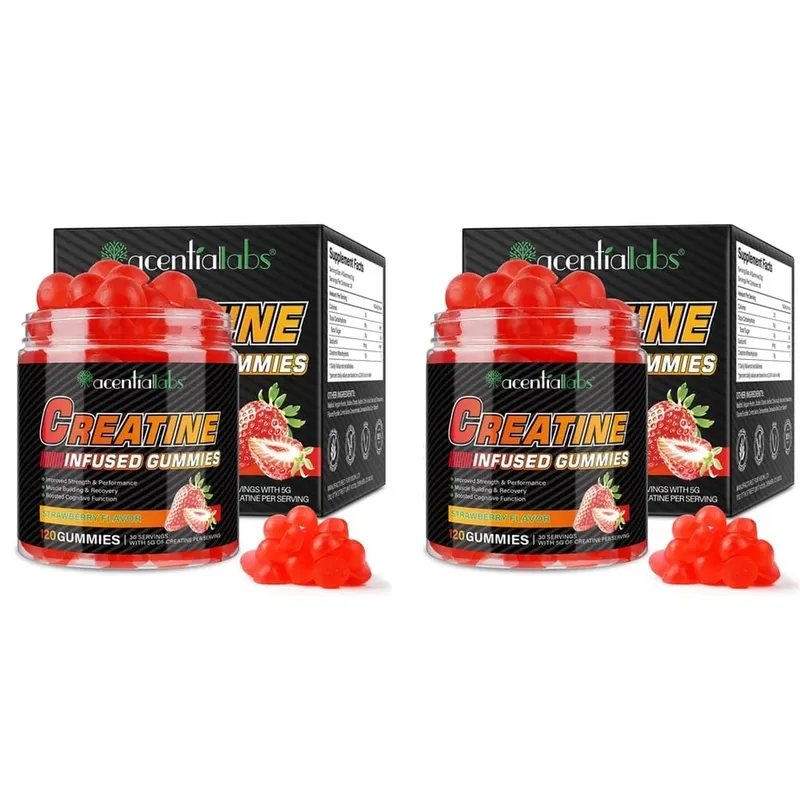 Acentilabs Creatine Monohydrate Gummies for Strength and Performance Muscle Building and Recovery Strawberry 120 Gummies