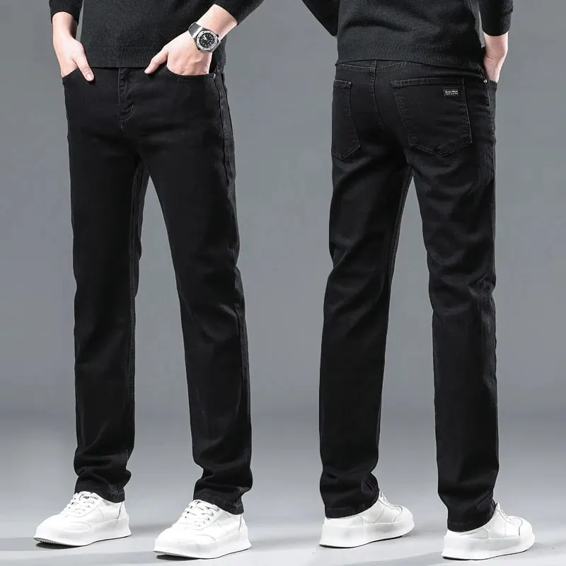 Lelaki Hitam Musim Gugur Seluar Jeans Lurus Kasual Stretch Klasik Seluar Denim Fit Biasa Seluar Denim Selesa Lelaki