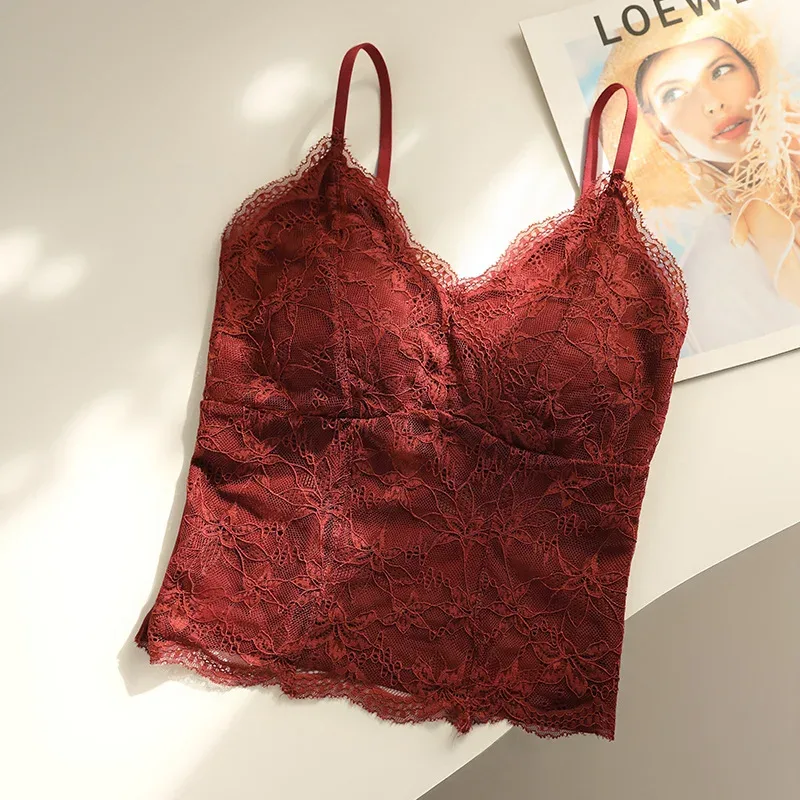 Sexy Pure Hot Girl Lace Ladies' Tank Top Camisole Girl's Bra Pad Slim Base Layer Strapless Top Women Camisole Vest Everyday Wear