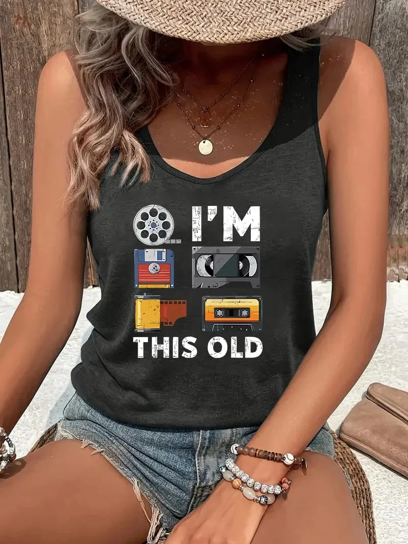 Women's Summer Sleeveless Tank Top Retro Film Tape Cassette "I'm This Old" Letter Print Nostalgic Movie Lover Casual Vest