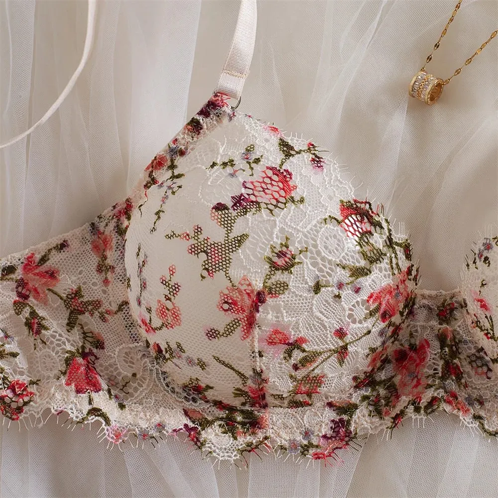 Krasapt francês flor bordado lingerie 2 peças conjuntos de renda extravagante retalhos ver através de sutiãs e calcinhas ternos sexy roupas eróticas