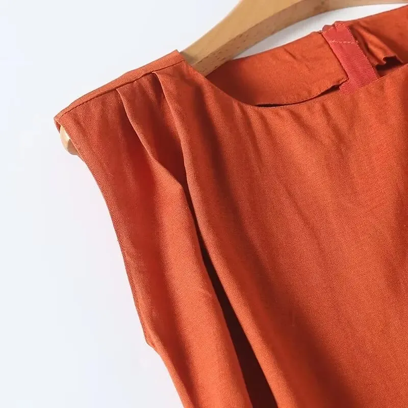 Maxdutti Nordic Minimalism Fesyen Elegan Midi Pakaian Wanita Kapas Linen Kolar Bulat Pakaian Musim Panas Kasual