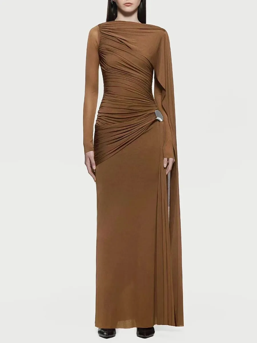 Slimming Spliced Folds Temperament Dresses for Women Round Neck Long Sleeves Patchwork Ribbon Dress Female Clothing