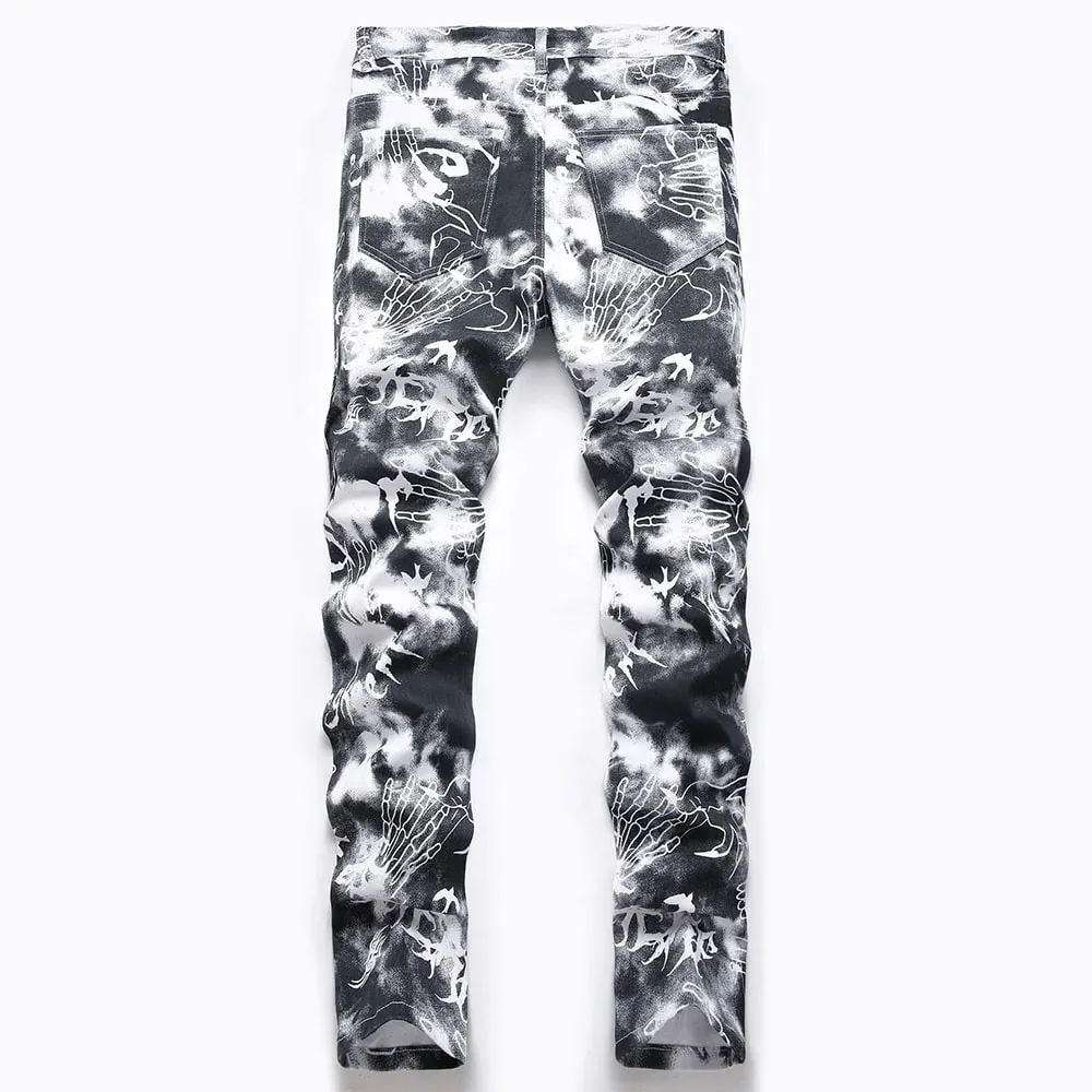 Men Skull Printed Jeans Fashion Devil Hand Pattern Denim Pants Black White Slim Straight Trousers