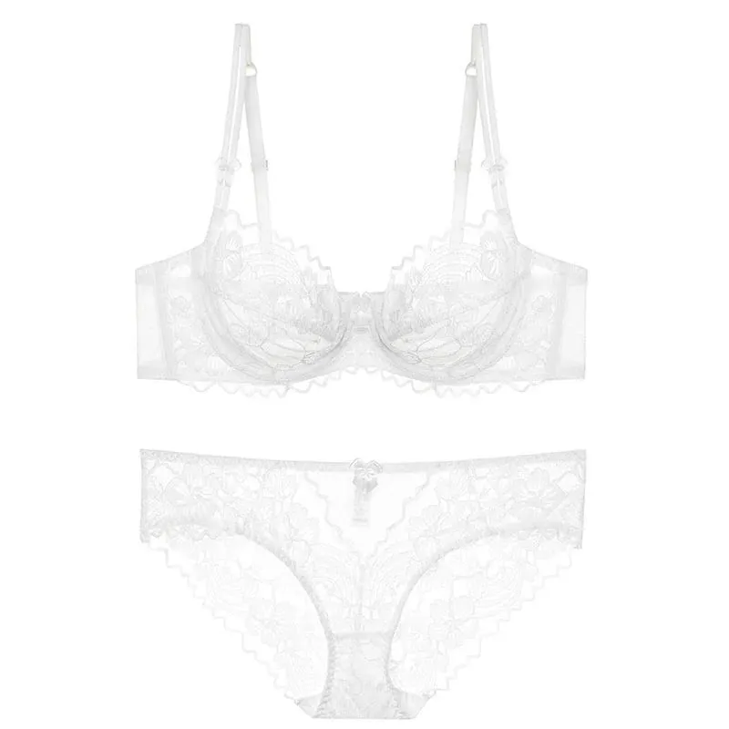 French Lace Lingerie Set Women Ultra Thin Sexy Underwire Bra&Panty Push Up Gather Breasts Pure Desire Large Breasts Support