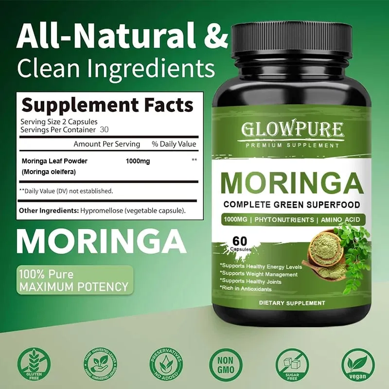 Pure Moringa Capsules - Superfood for Energy Skin Immune & Gut Health with Antioxidants Vitamins & Amino Acids