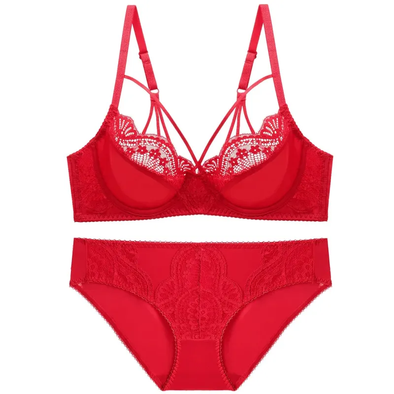 high quality sexy lace women bras and brief two piece set push up A B C D E cup wire summer lingerie underwear blue red black