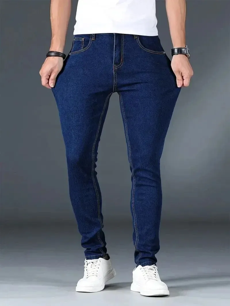 Men's New Slim Fit Stretch Cotton Jeans Ripped Casual Black Blue Denim Pencil Pants for Everyday Social Wear