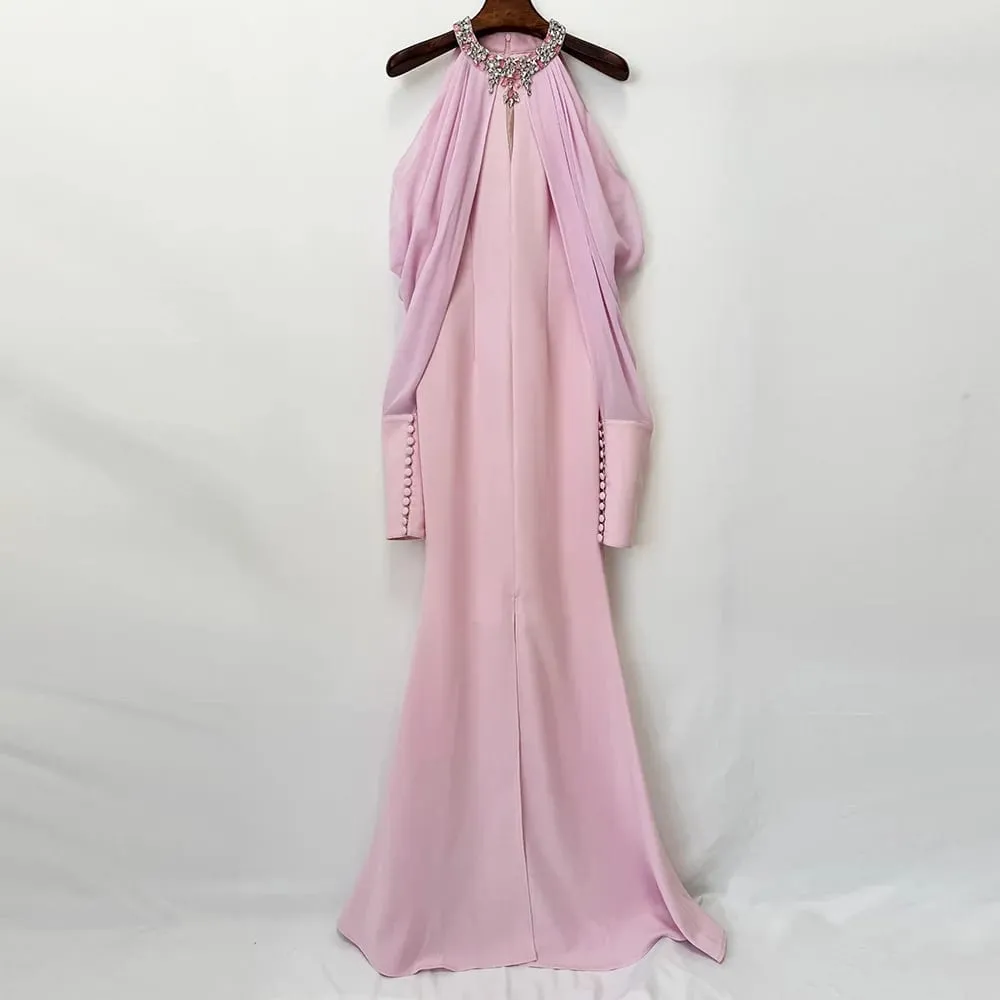 Fashionable wedding socialite long dress evening gown women's dress celebrity studded diamond long sleeve party dress